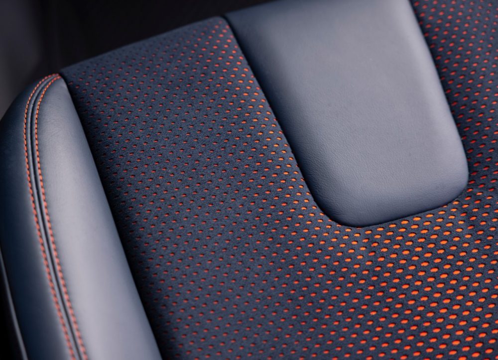 2022 Ford Bronco Raptor interior in Rhapsody Blue Code Orange detailing