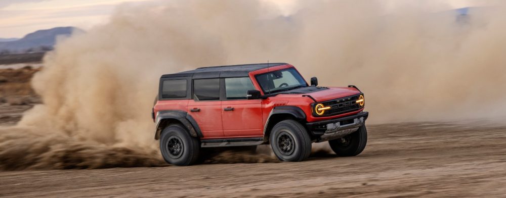 2022 Ford Bronco Raptor kicking up dust