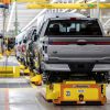 2022 Ford F-150 Lightning pre-production truck from rear on line at Rouge Electric Vehicle Center