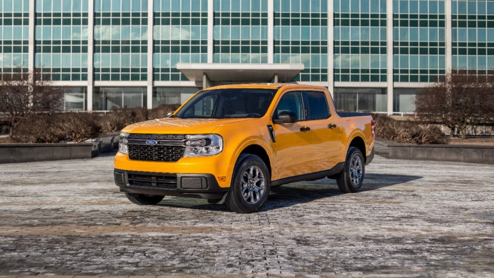 The 2022 Ford Maverick poses in front of Ford World Headquarters after winning the 2022 North American Truck of the Year award