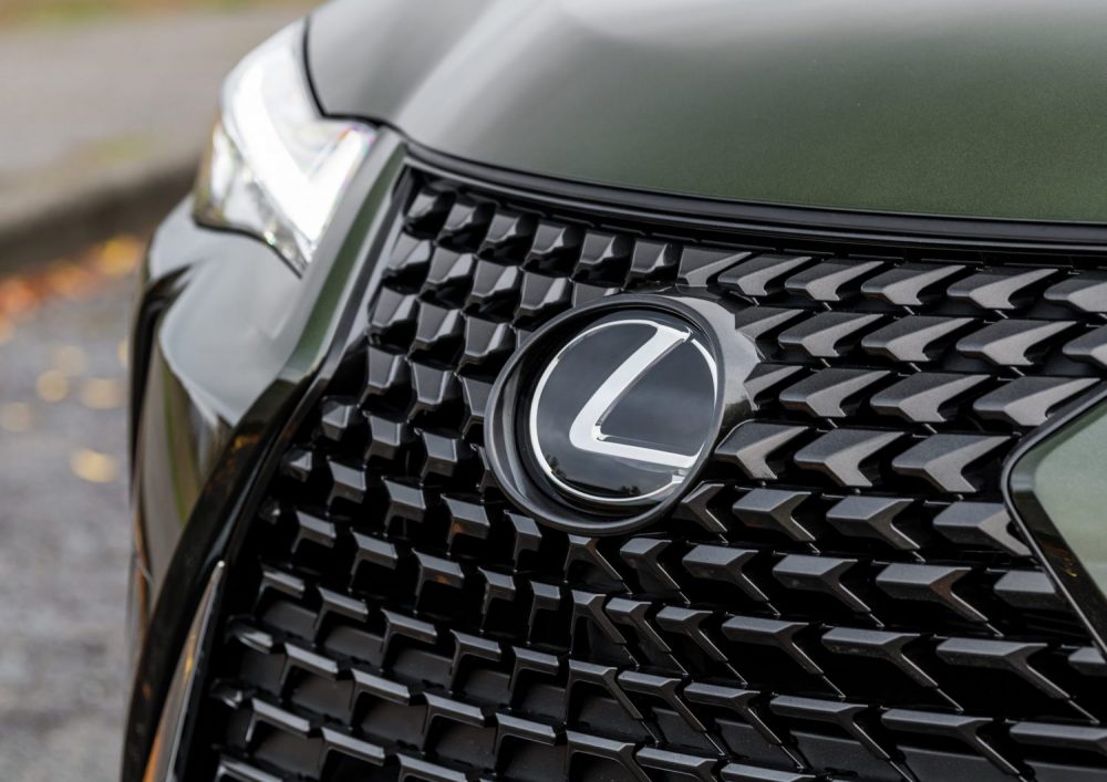 2022 Lexus UX IN Nori Green - Close up of emblem and grille