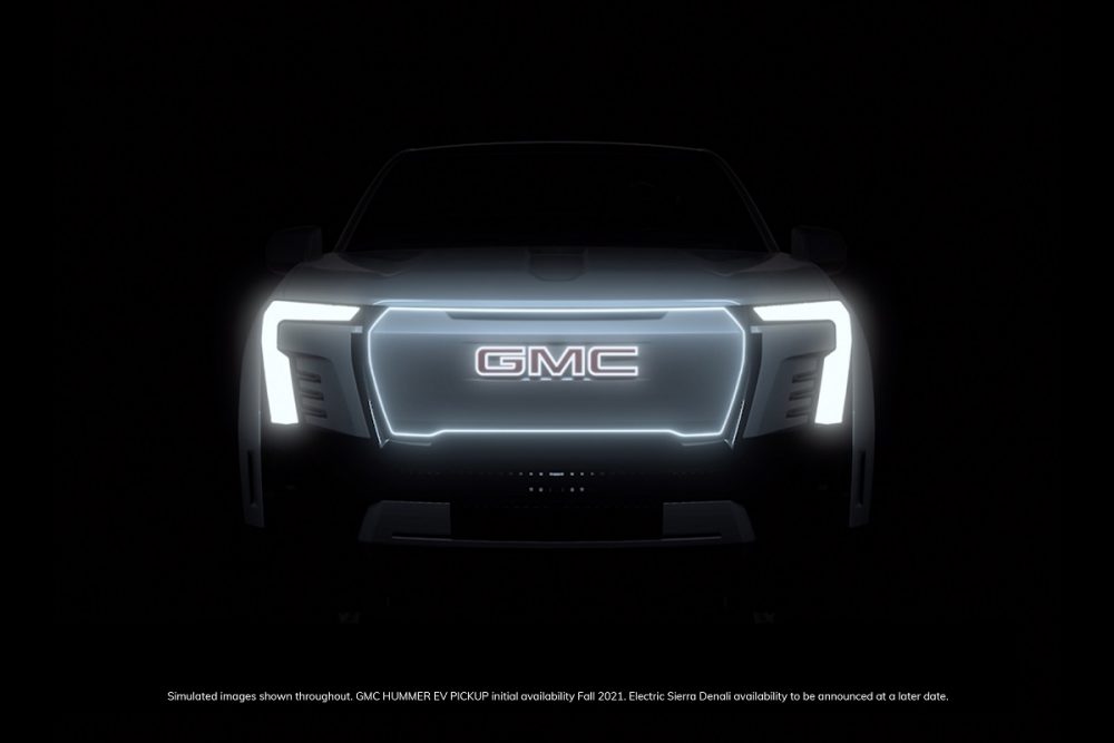 The front end of GMC's electric Sierra Denali truck