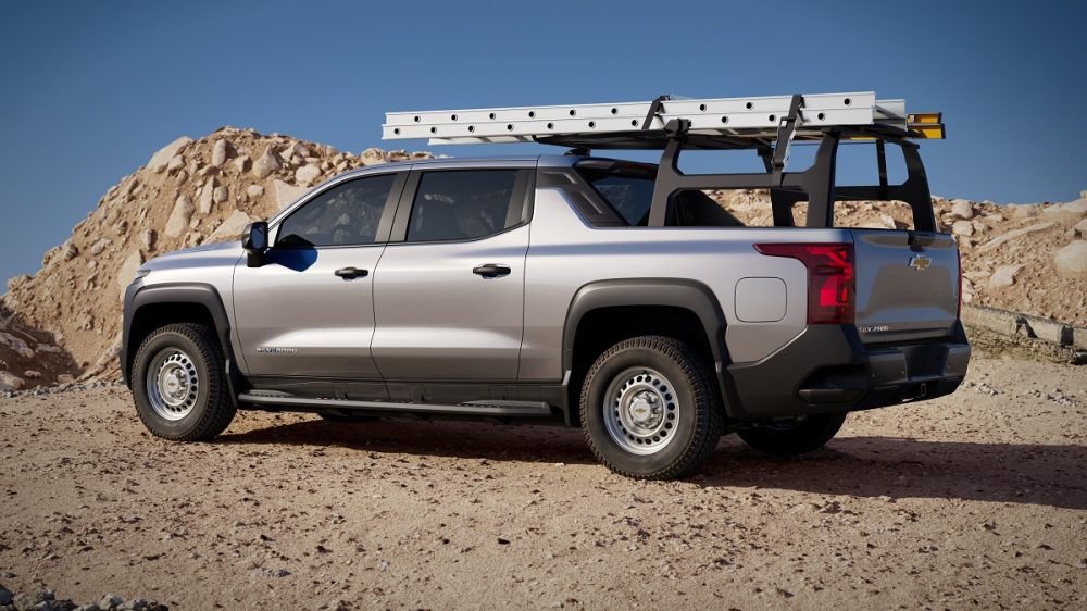 Side view of 2024 Chevrolet Silverado EV WT with ladder rack