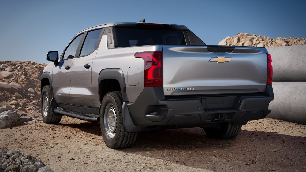 Rear side view of 2024 Chevrolet Silverado EV WT