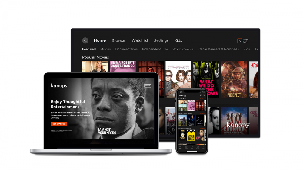 Kanopy streaming service shown  on phone, tablet, and TV screens