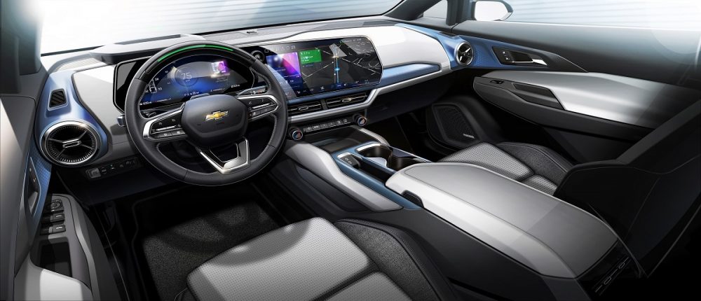 Steering wheel, dashboard, display screens, console, and seats of 2024 Chevrolet Equinox EV