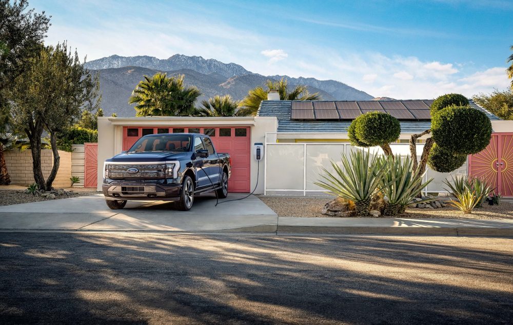 2022 Ford F-150 Lightning charging at home with solar panels