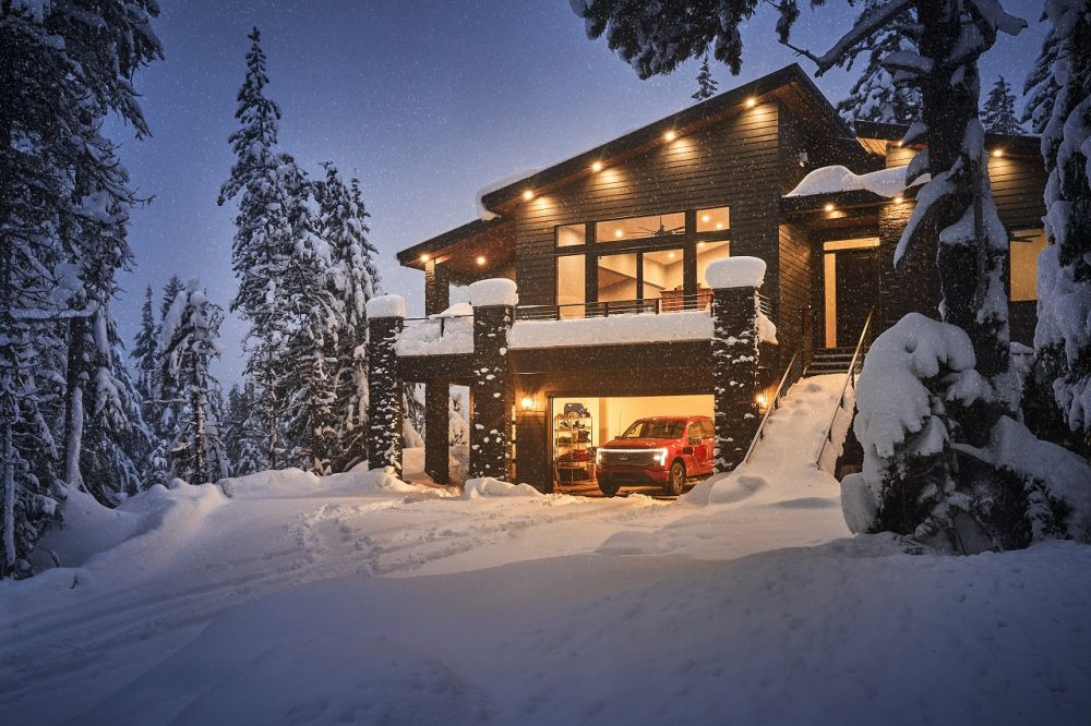 2022 Ford F-150 Lightning with Intelligent Backup Power lighting a home after a blizzard