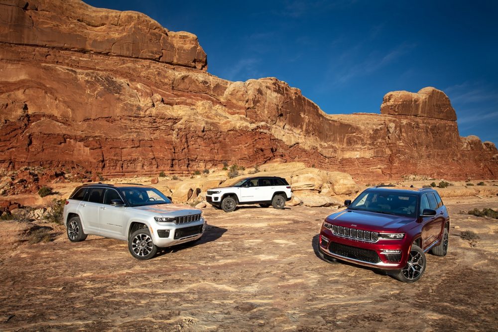 The all-new 2022 Jeep® Grand Cherokee (from left-to-right): 2022 Jeep Grand Cherokee Overland, 2022 Jeep Grand Cherokee Trailhawk and 2022 Jeep Grand Cherokee Summit Reserve.