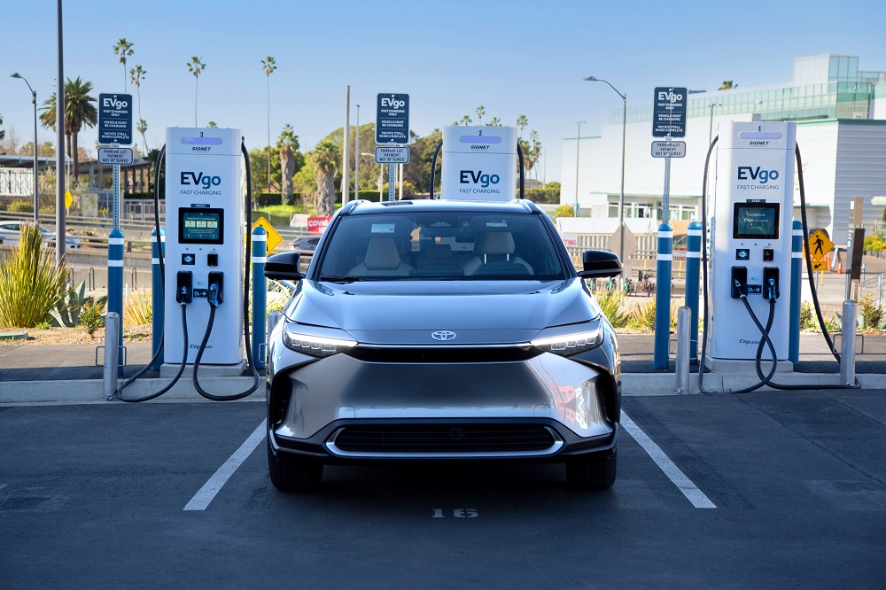 Toyota b74X at an EVgo fast charging station, presumably getting free fast charging