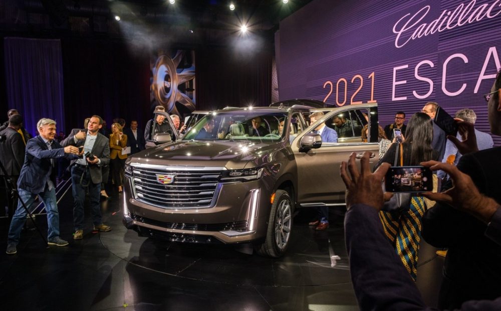 Media surround the 2021 Cadillac Escalade in Hollywood, California