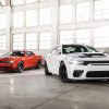 2022 Dodge Challenger SRT Super Stock (left) and 2022 Dodge Charger SRT Hellcat (right)