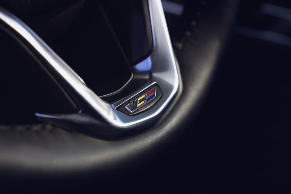 Close up of the V-Series badge on the 2023 Cadillac Escalade-V steering wheel