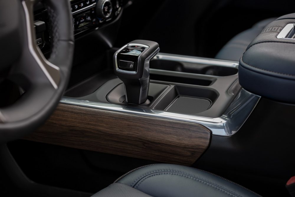 Side view of 2022 Chevrolet Silverado High Country shift lever and console