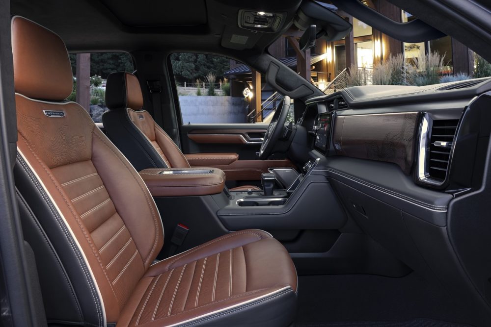 Side view of 2022 GMC Sierra Denali Ultimate seats and console