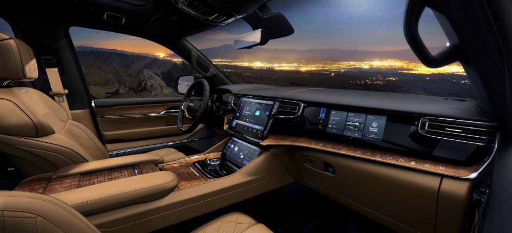 2023 Grand Wagoneer L features the pinnacle of premium SUV interiors with a modern American style and Uconnect 5 12-inch touchscreen radio.