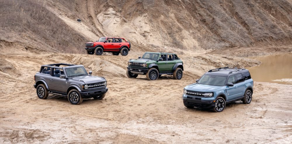 Clockwise: Ford Bronco two-door, Ford Bronco Raptor, Ford Bronco four-door, and Ford Bronco Sport