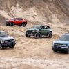 Clockwise: Ford Bronco two-door, Ford Bronco Raptor, Ford Bronco four-door, and Ford Bronco Sport