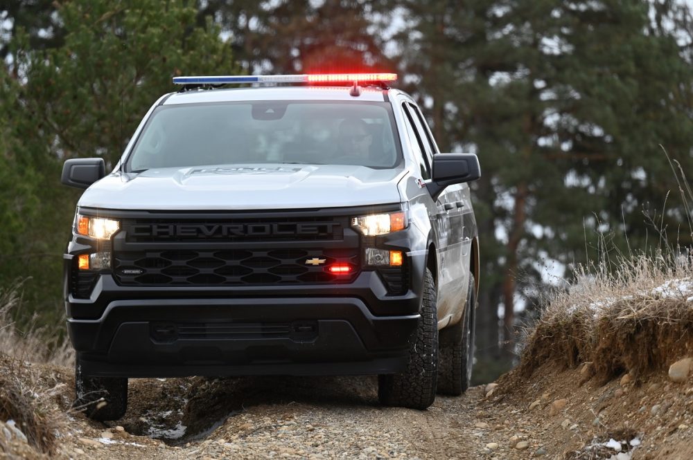 Front view of 2023 Chevrolet Silverado PPV in action with lights flashing