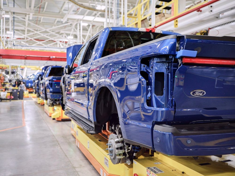 2022 Ford F-150 Lightnings on assembly line at Rouge Electric Vehicle Center