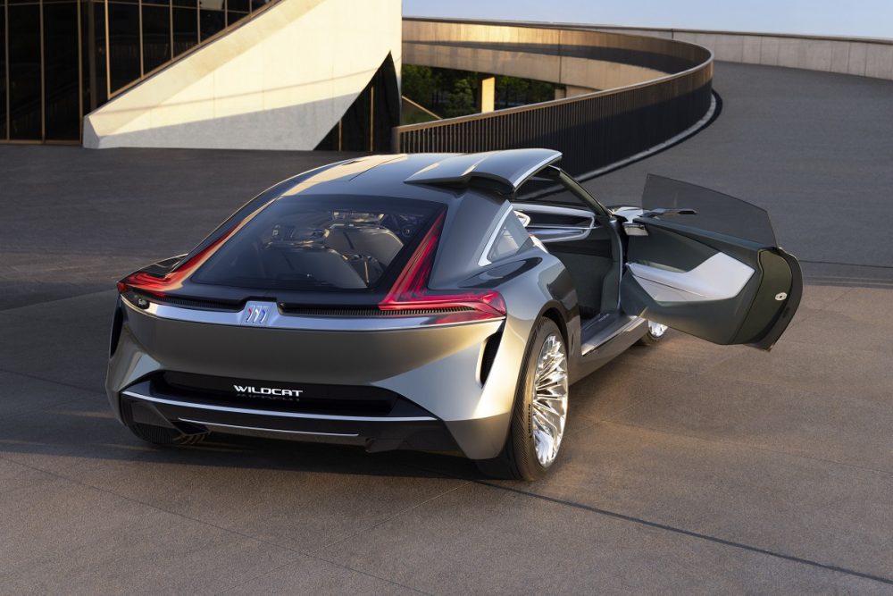 Rear view of Buick Wildcat EV Concept with semi-swing passenger door open