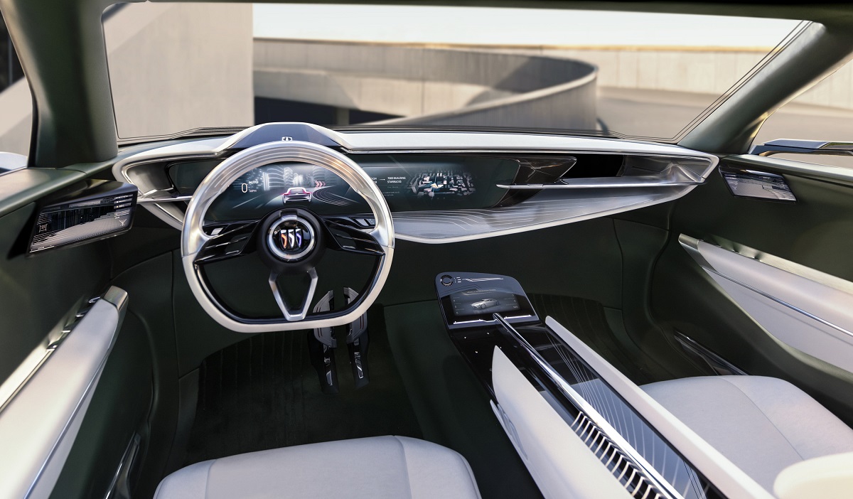 Front view of Buick Wildcat EV Concept steering wheel, touch screen, dash, and console