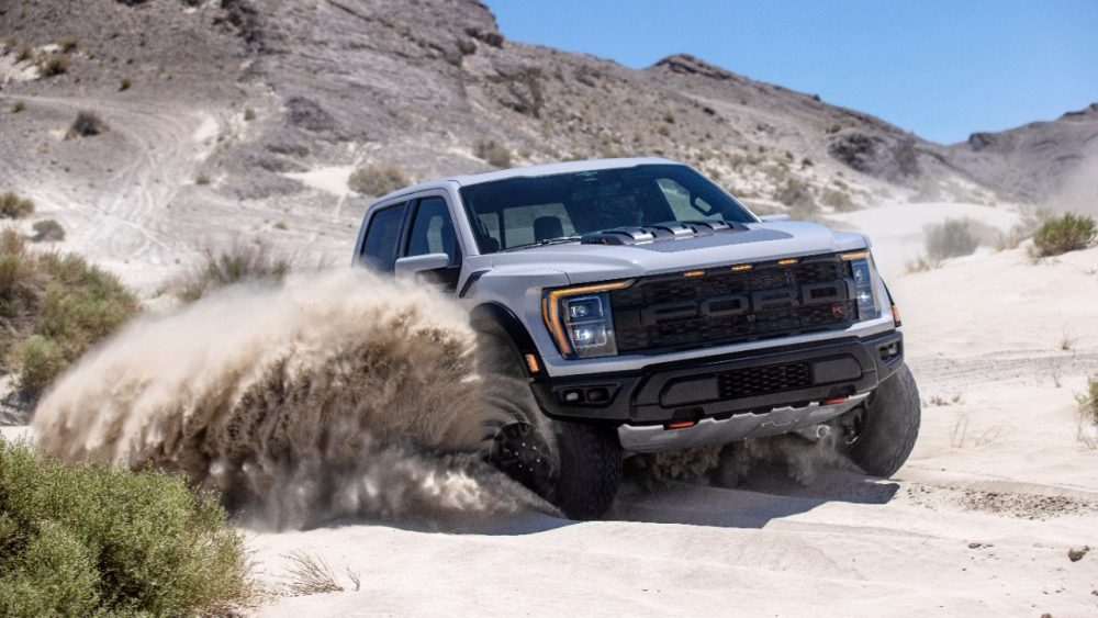 2023 F-150 Raptor R in Avalanche kicking up dust