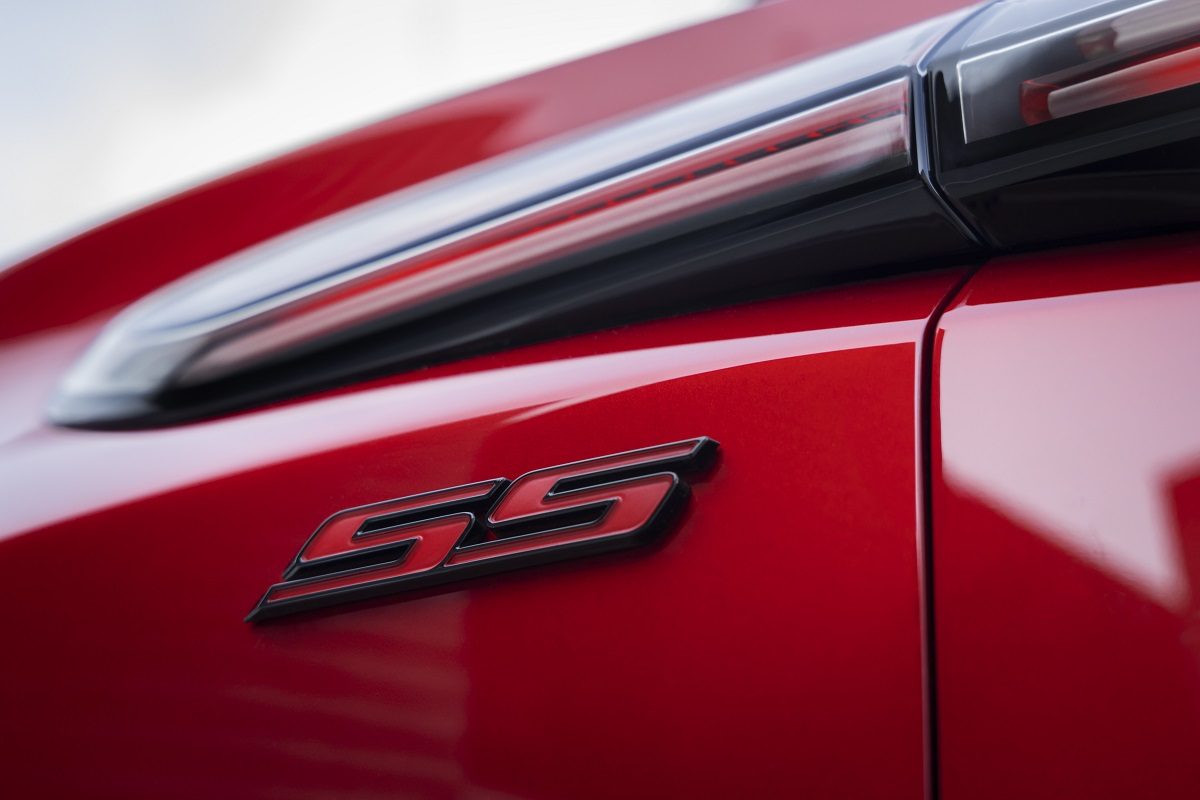 Close-up of red 2024 Chevrolet Blazer EV SS badge