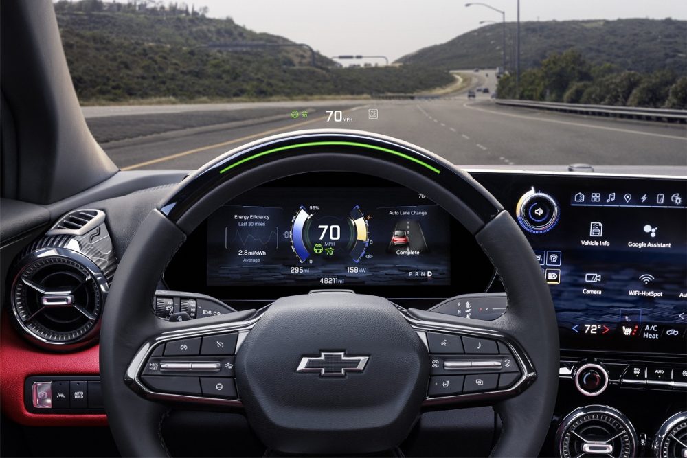 Close-up of 2024 Chevrolet Blazer EV SS steering wheel and windshield