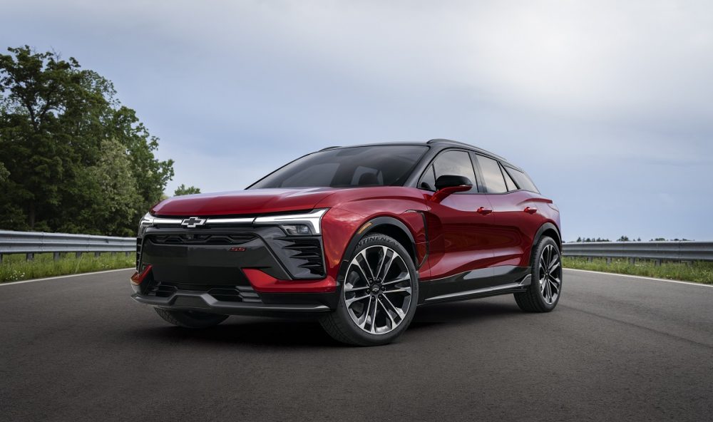 Front side view of red 2024 Chevrolet Blazer EV SS parked on track