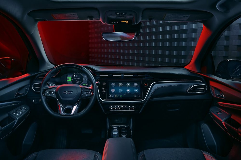 Seats, steering wheel, and dashboard of 2023 Chevrolet Bolt EUV Redline Edition