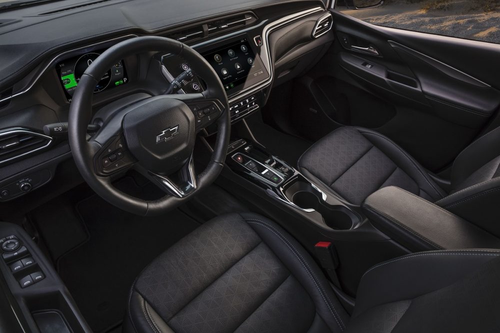 Overhead view of Chevrolet Bolt EV front seats, steering wheel, and dashboard