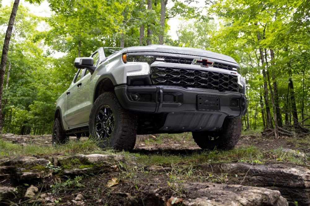 The 2023 Chevrolet Silverado ZR2 Bison's grille and front bumper are seen from below