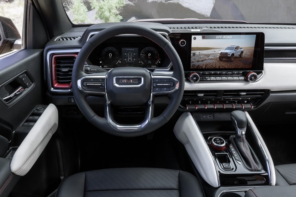 2023 GMC Canyon AT4X steering wheel, touch-screen display, and console