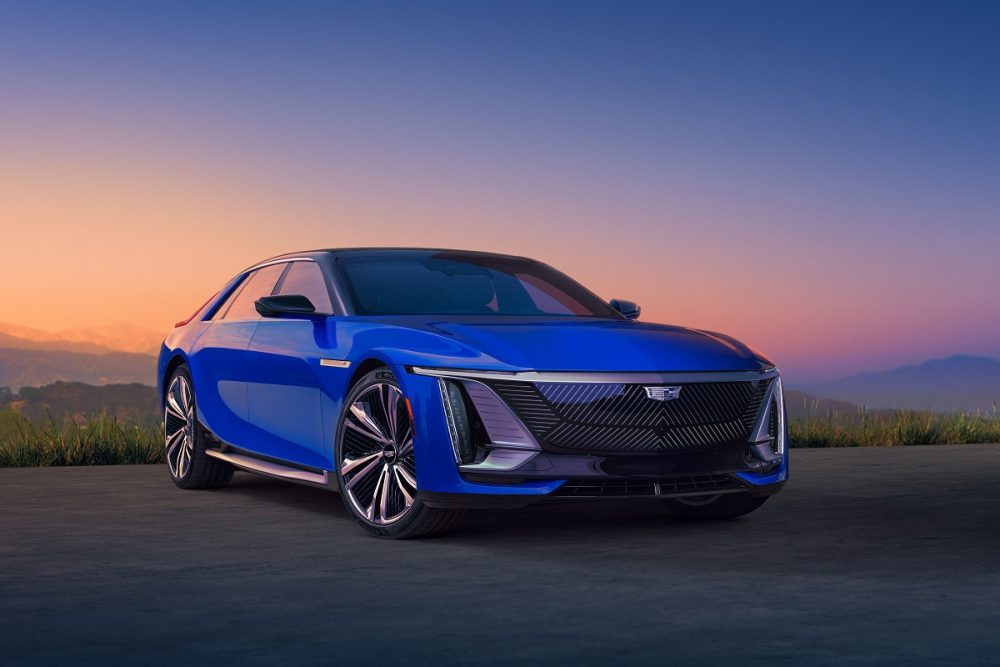 Cadillac CELESTIQ front 3/4 view with the sky and mountains in the background.