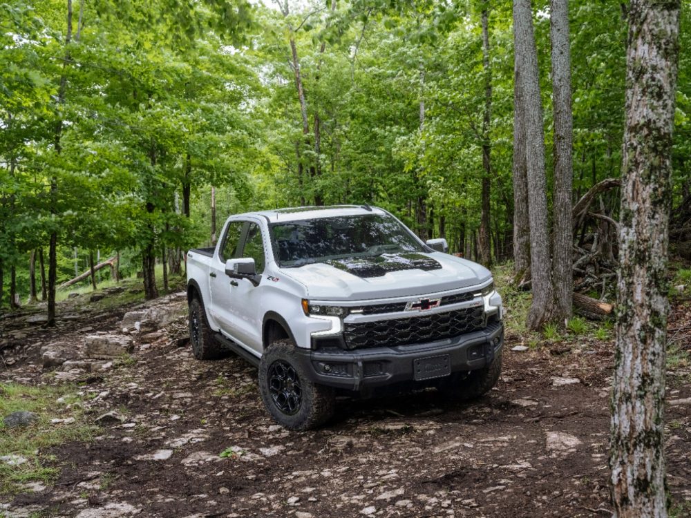 Front 3/4 view of Silverado ZR2 Bison in wooded area.