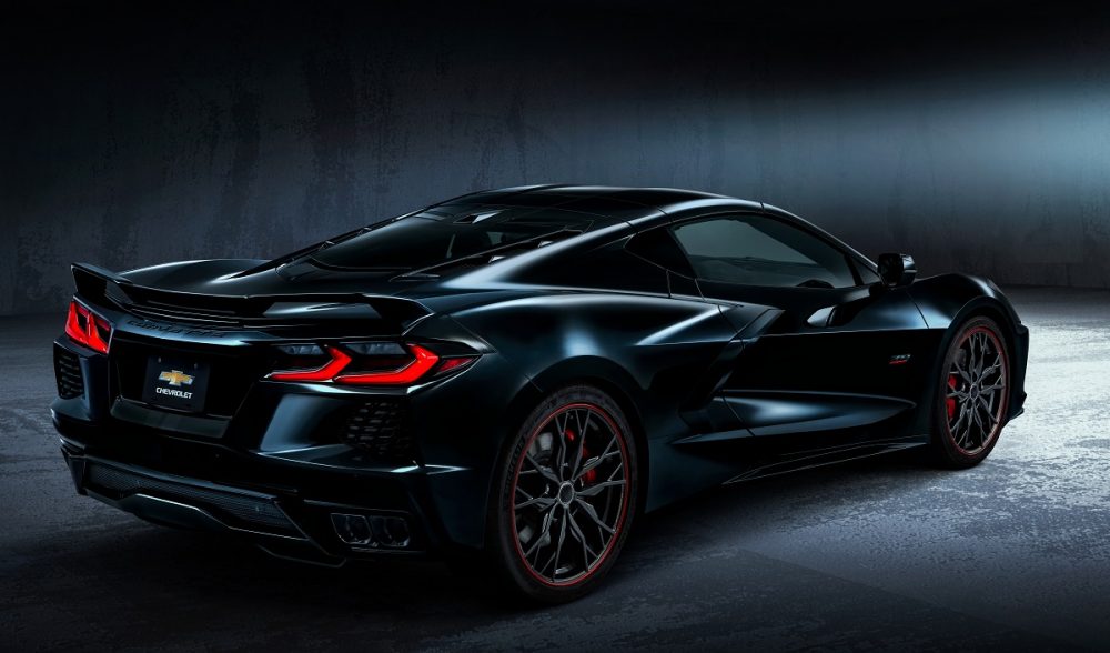 Rear side view of 2023 Chevrolet Corvette Stingray 70th Anniversary Edition coupe in Carbon Flash Metallic