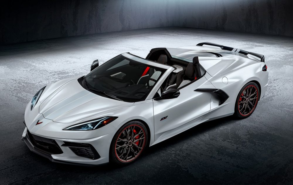 Front overhead side view of 2023 Chevrolet Corvette Stingray 70th Anniversary Edition convertible in White Pearl Metallic Tricoat