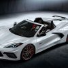 Front overhead side view of 2023 Chevrolet Corvette Stingray 70th Anniversary Edition convertible in White Pearl Metallic Tricoat