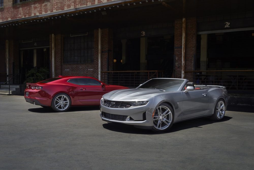 (l to r) Passenger side view of 2023 Chevrolet Camaro Coupe and driver front 3/4 view of 2023 Chevrolet Camaro Convertible