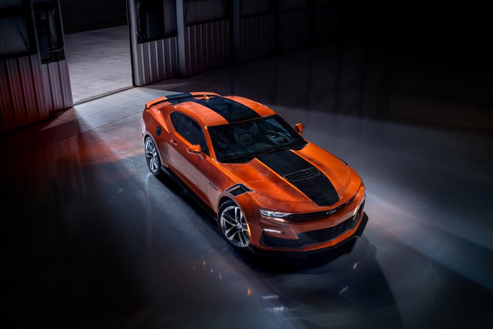 Overhead view of 2023 Chevrolet Camaro SS parked in hangar.