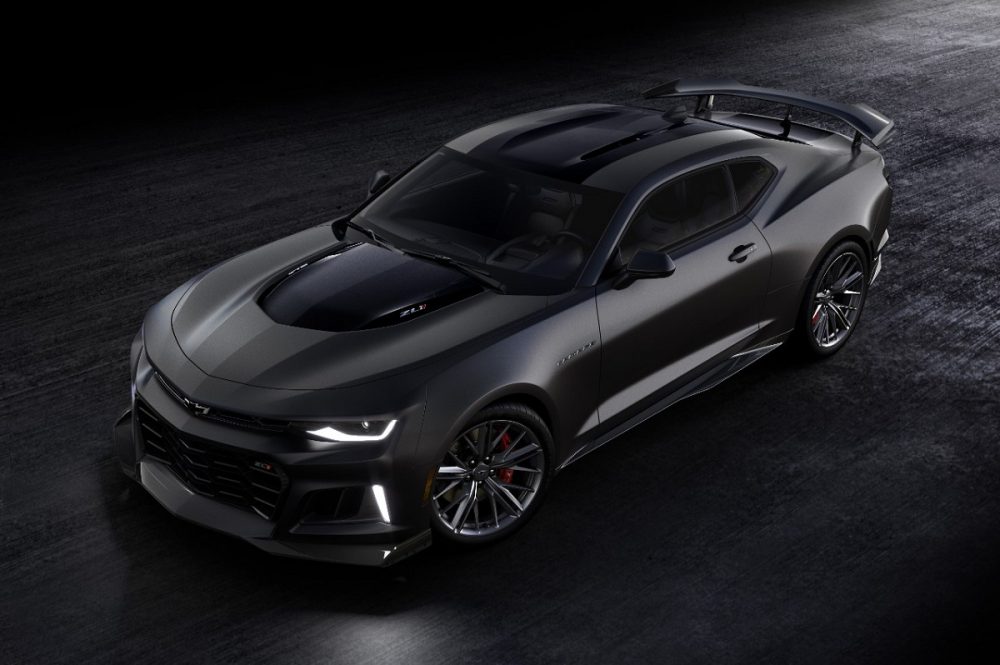 Front side overhead view of 2024 Chevrolet Camaro ZL1 Collector’s Edition in Panther Black Matte