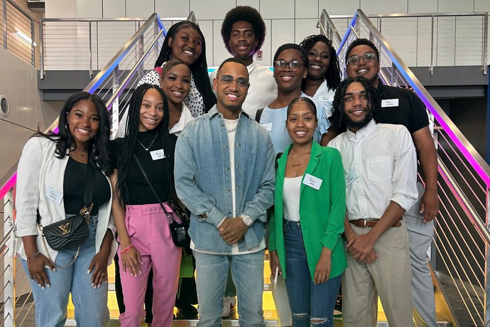 TV host, actor, and mentor Terrence J poses for a photo with the 2023 Chevrolet Discover the Unexpected HBCU fellows on June 6, 2023, at StockX in Detroit. (Photo by Jo Lynn Lewis for Chevrolet)