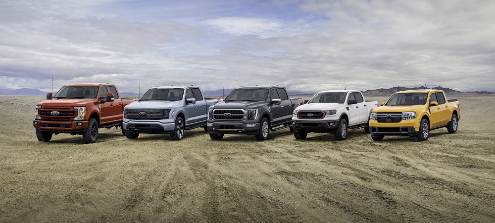 Ford truck lineup: F-250, F-150 Lightning, F-150, Ranger, and Maverick.