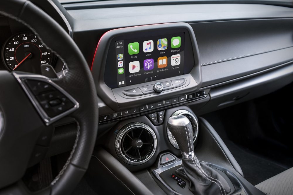 View of the 8-inch-diagonal touch screen in a 2024 Chevrolet Camaro with a Jet Black leather interior.