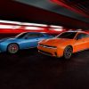 The Dodge Charger Daytona Scat Pack (shown in Bludicrous) and Dodge Charger Daytona R/T (shown in Peel Out) represent the first–ever all-electric vehicles from the Dodge brand.