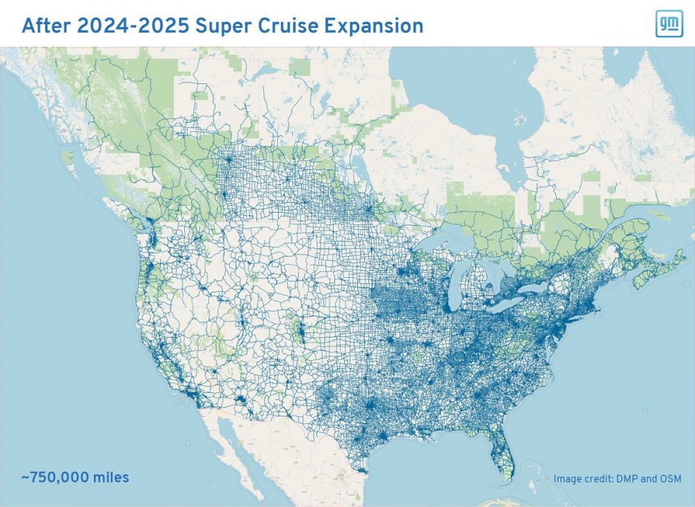 Map of Super Cruise enabled roads after 2024-2025 expansion to 750,000 miles