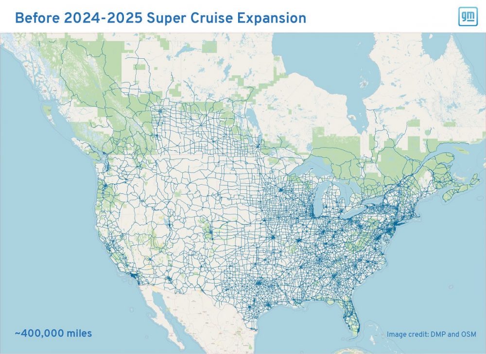 Map of Super Cruise enabled roads before 2024-2025 expansion to 750,000 miles