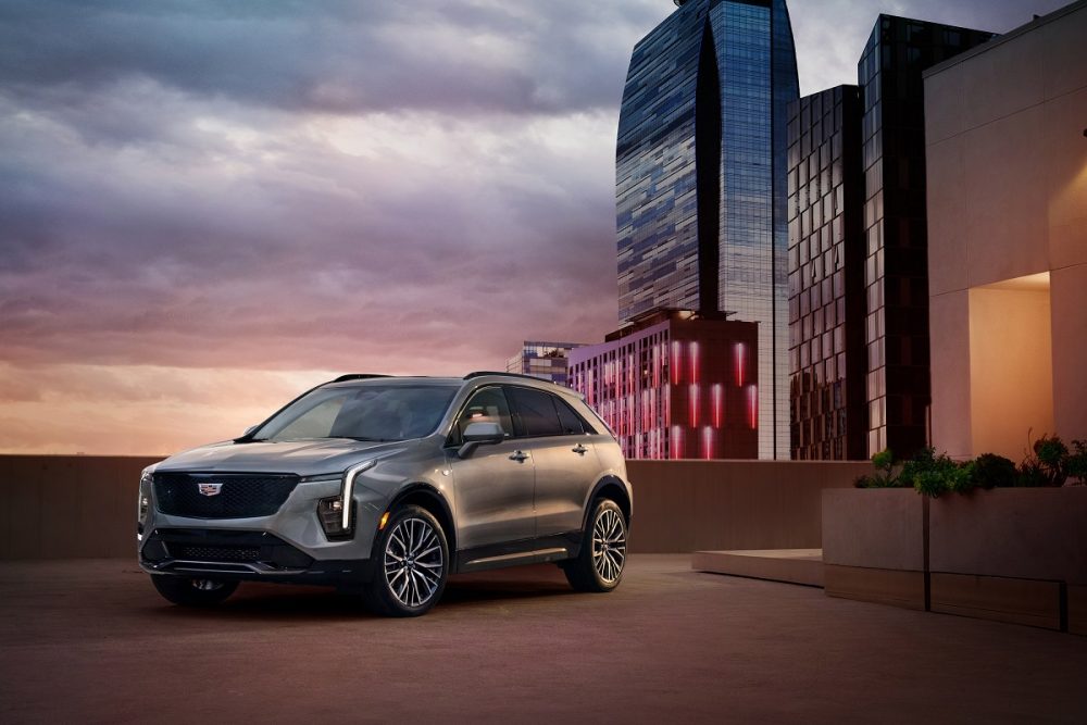 Exterior front 3/4 view of a silver 2024 Cadillac XT4