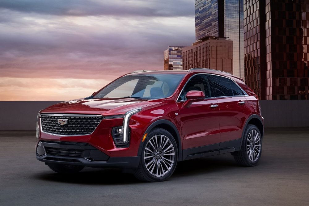 Exterior front 3/4 view of a red 2024 Cadillac XT4